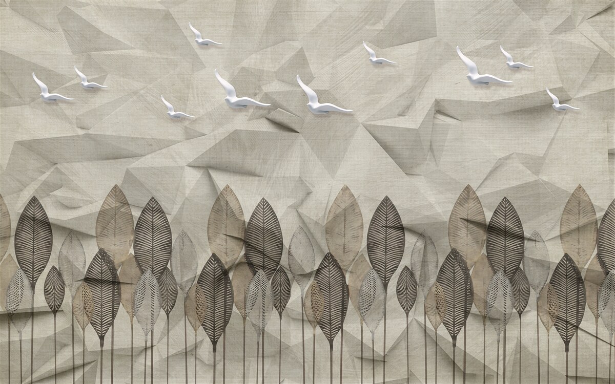 Papier peint des oiseaux qui gagnent des ailes pour voler, et une forêt couleur cendre