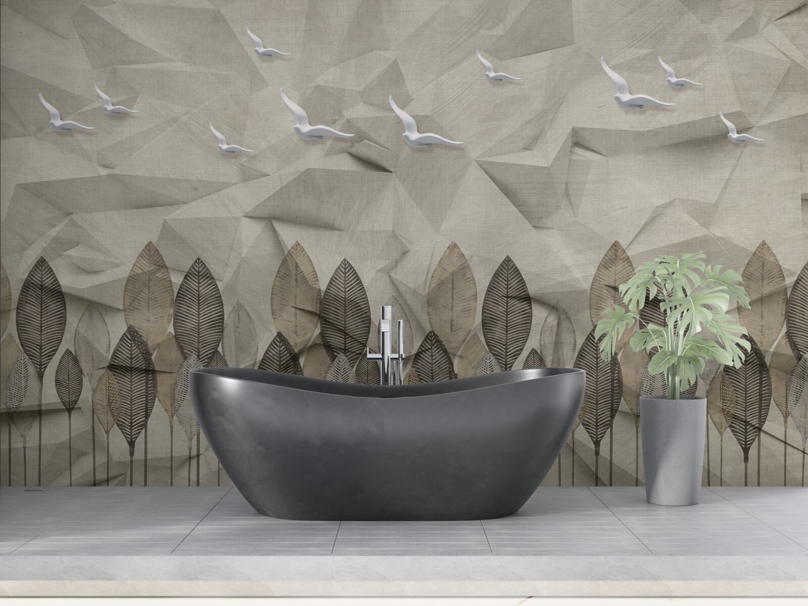 Papier peint des oiseaux qui gagnent des ailes pour voler, et une forêt couleur cendre
