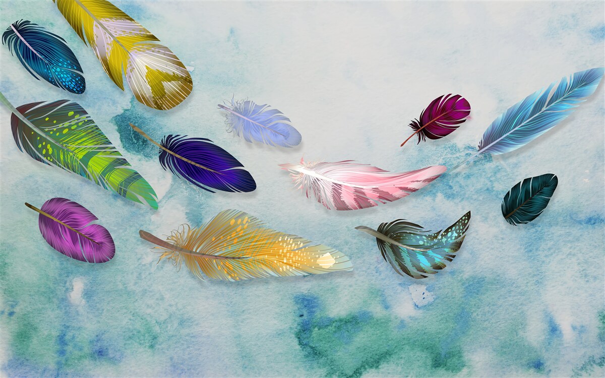 Papier peint des plumes de différentes formes et nuances flottent dans l'air