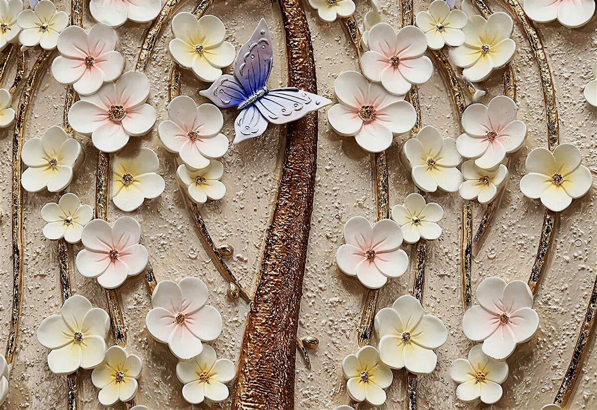 Papier peint bourgeons doux et papillon bleu