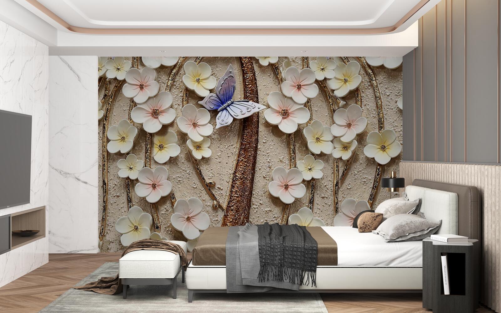 Papier peint bourgeons doux et papillon bleu