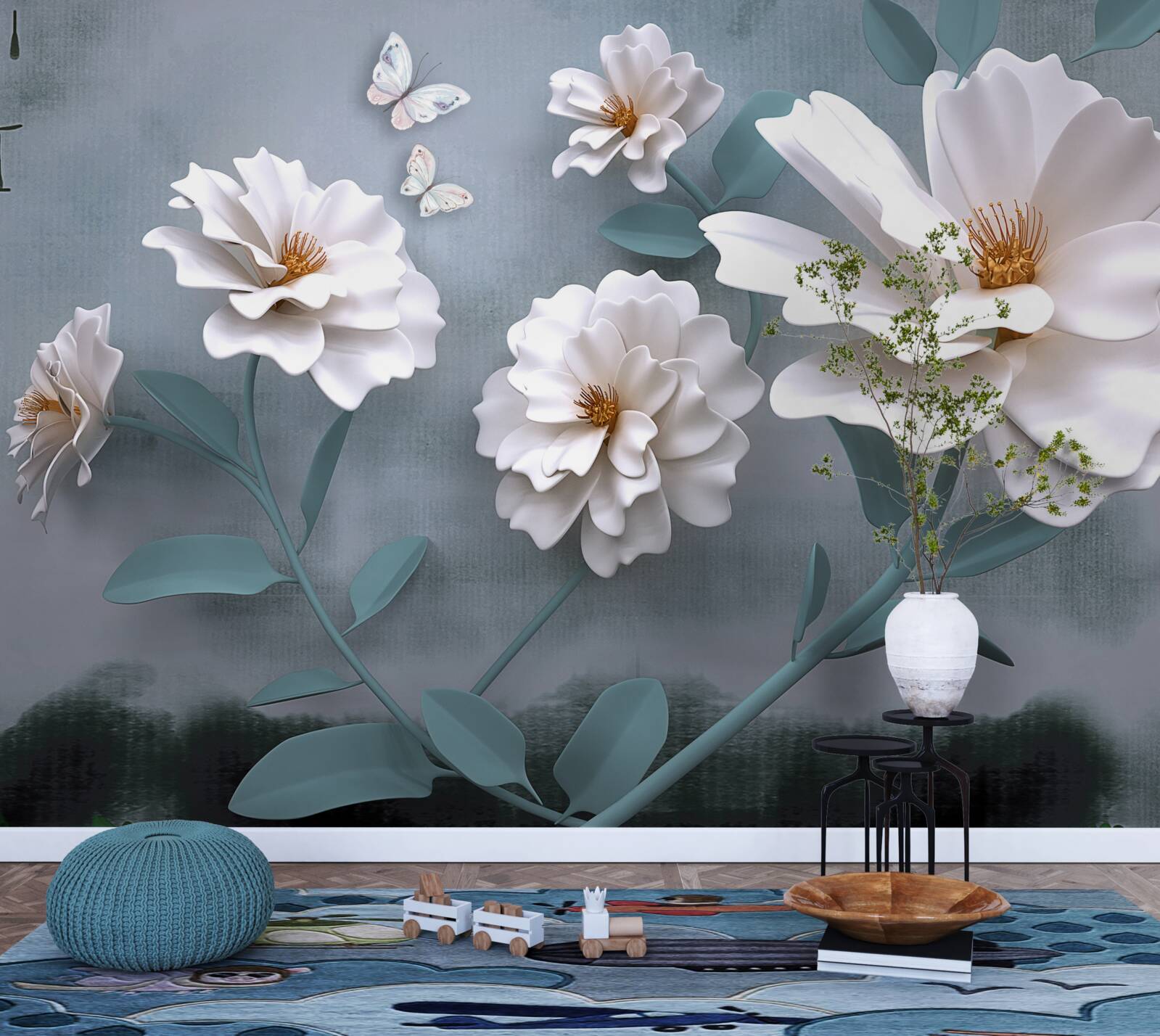 Papier peint belles grandes fleurs blanches