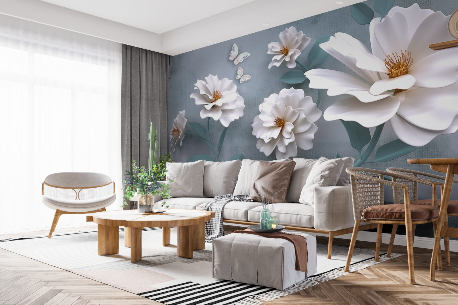 Papier peint belles grandes fleurs blanches