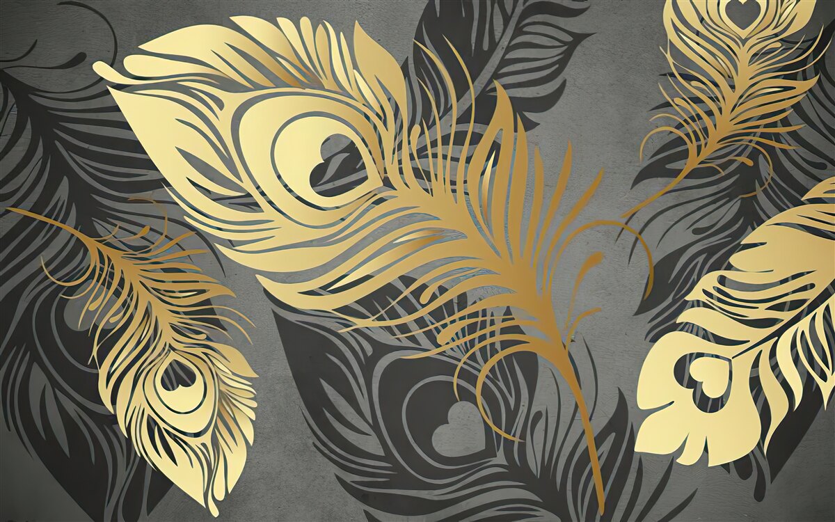 Papier peint plumes avec décor ajouré en or