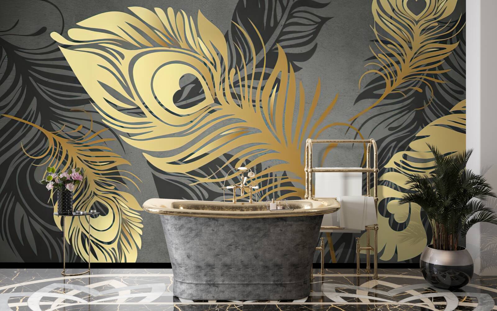 Papier peint plumes avec décor ajouré en or