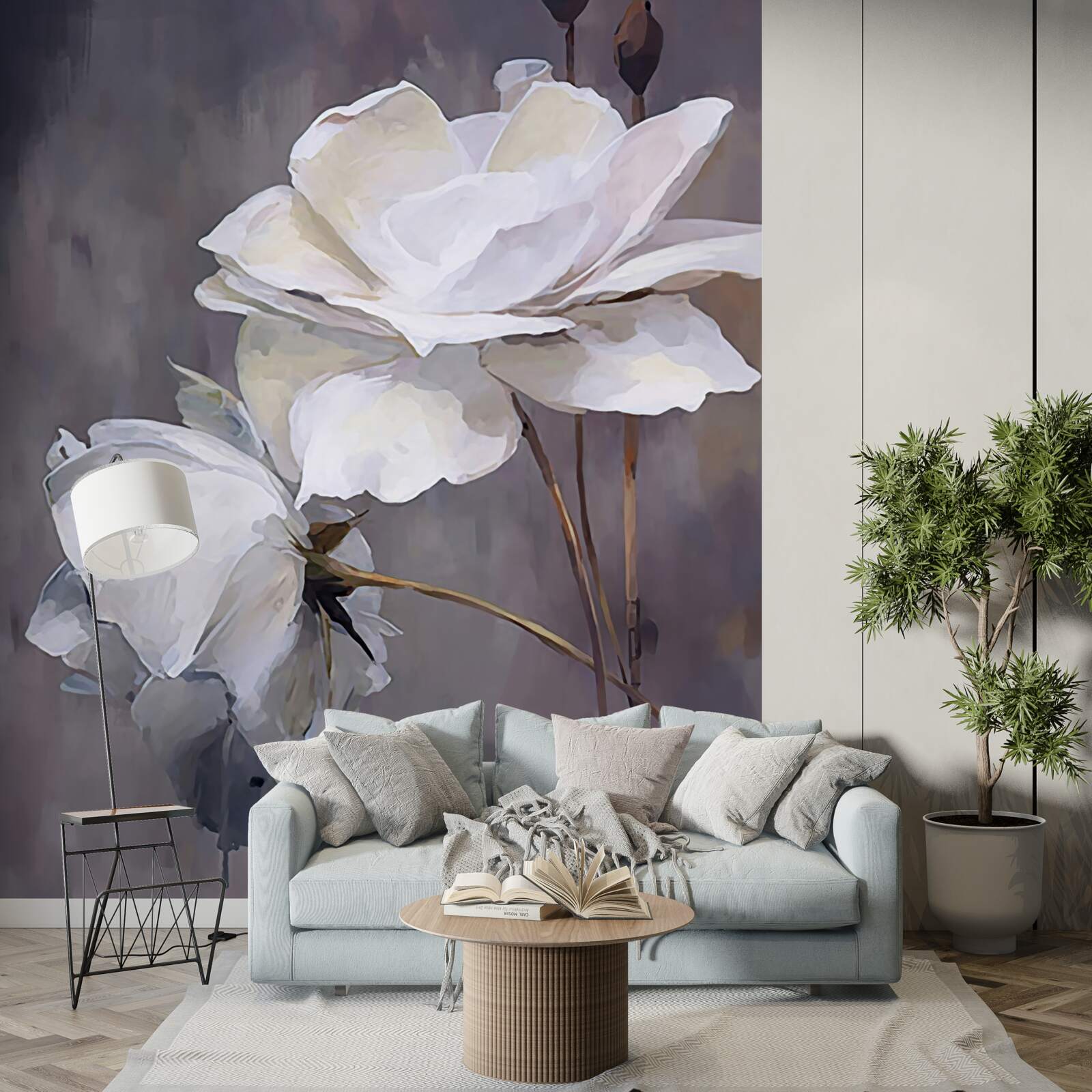 Papier peint deux grandes fleurs blanches