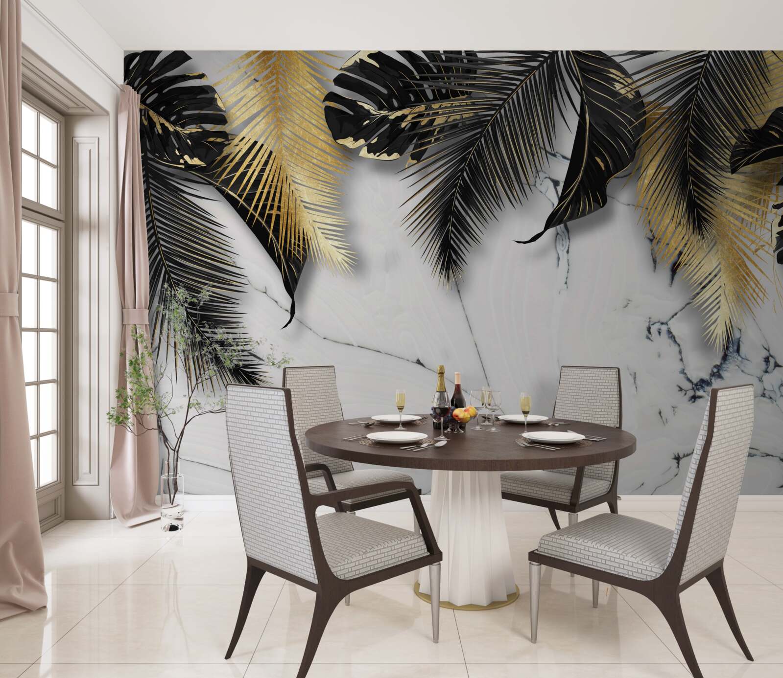 Papier peint le marbre est parsemé de feuilles brunes et noires