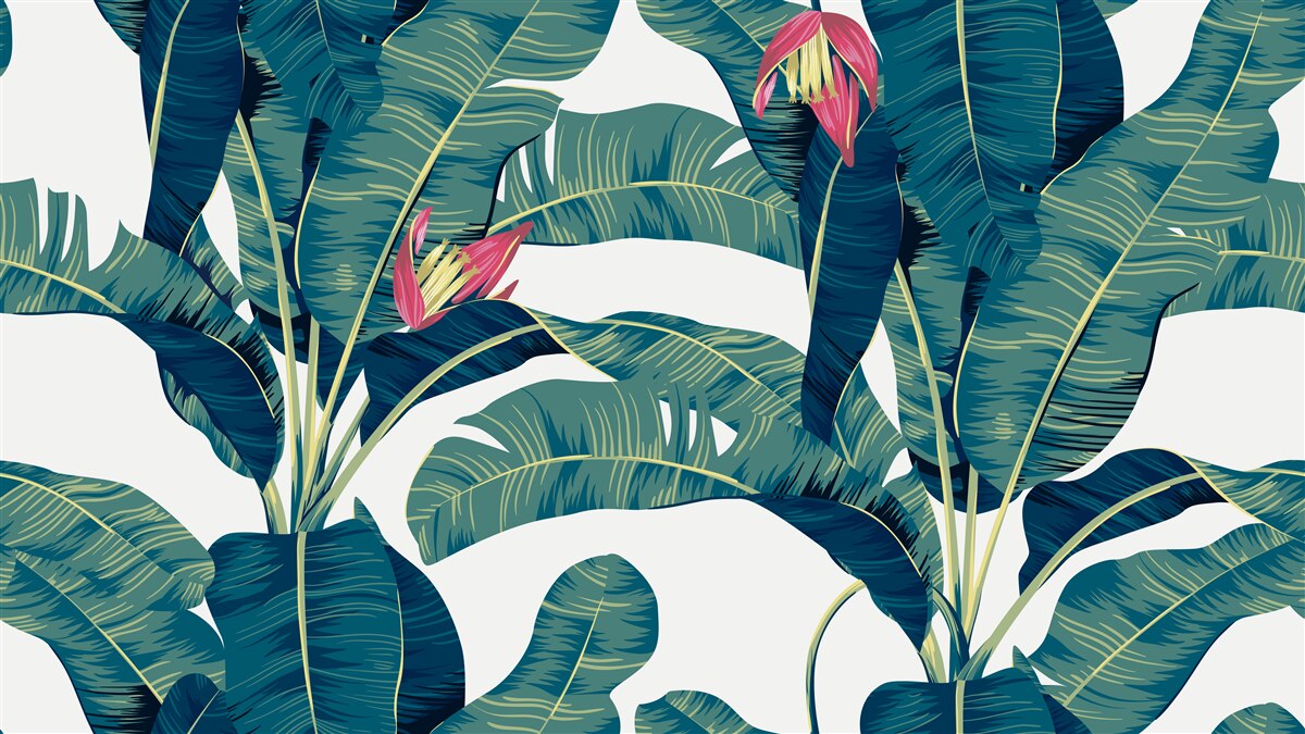 Papier peint fleurs parmi des feuilles tropicales vertes