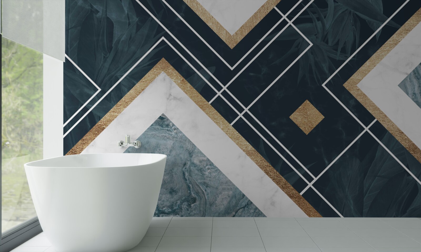 Papier peint mosaïque bleue avec éléments blancs
