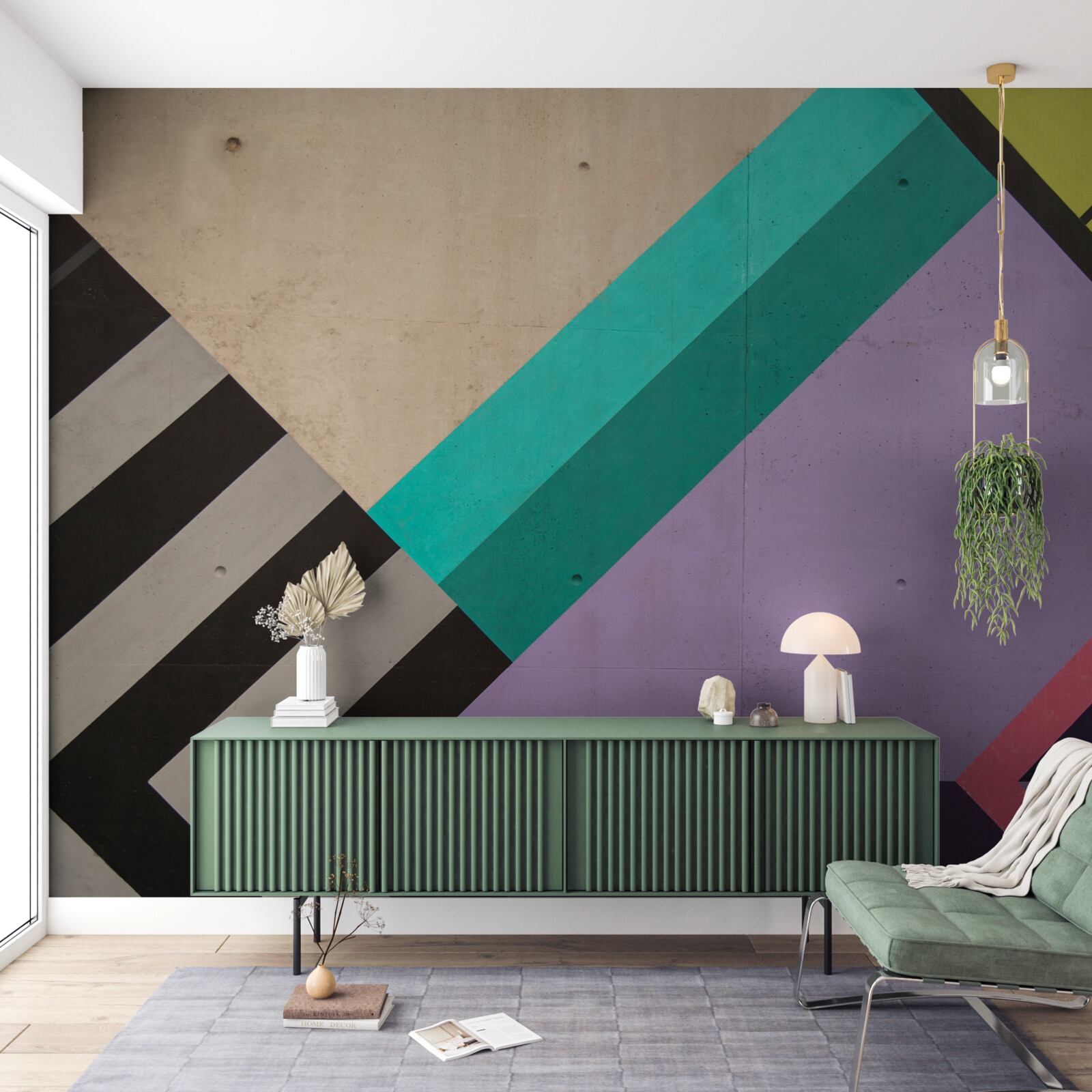 Papier peint des rectangles de couleur sont affichés dans le miroir