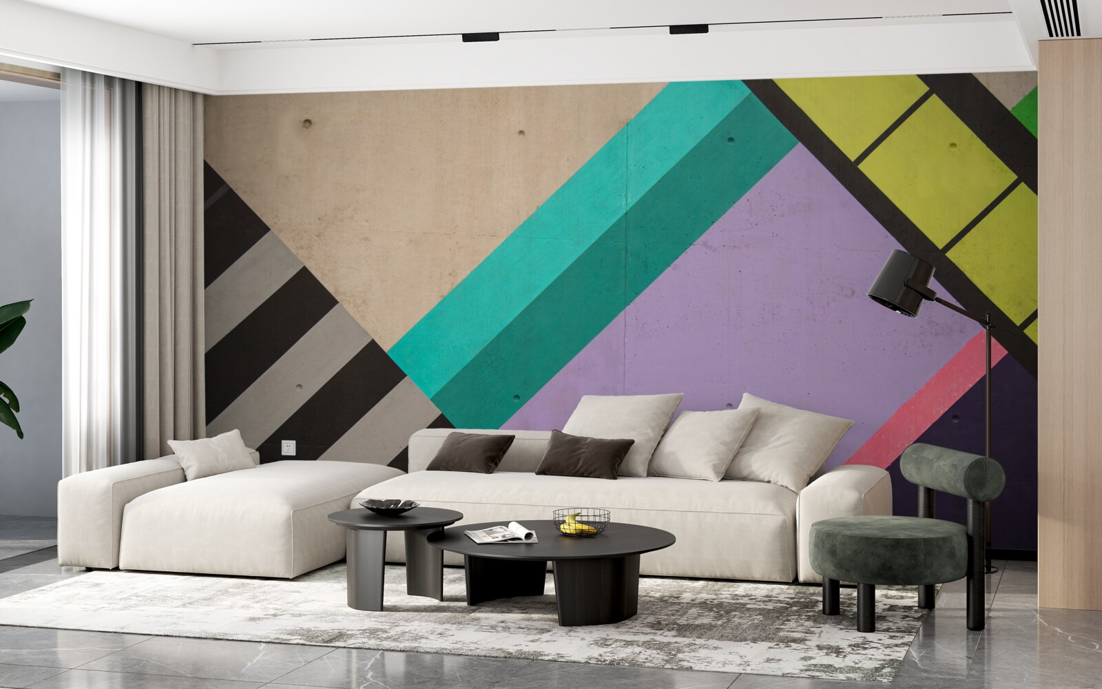 Papier peint des rectangles de couleur sont affichés dans le miroir