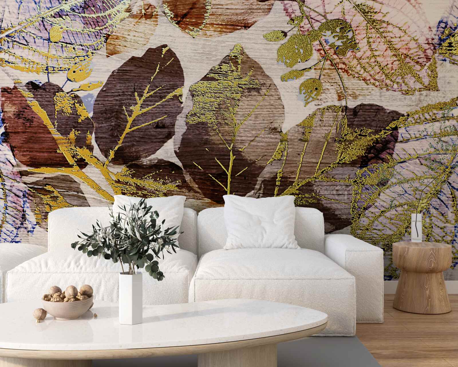 Papier peint feuilles d'automne avec une teinte dorée
