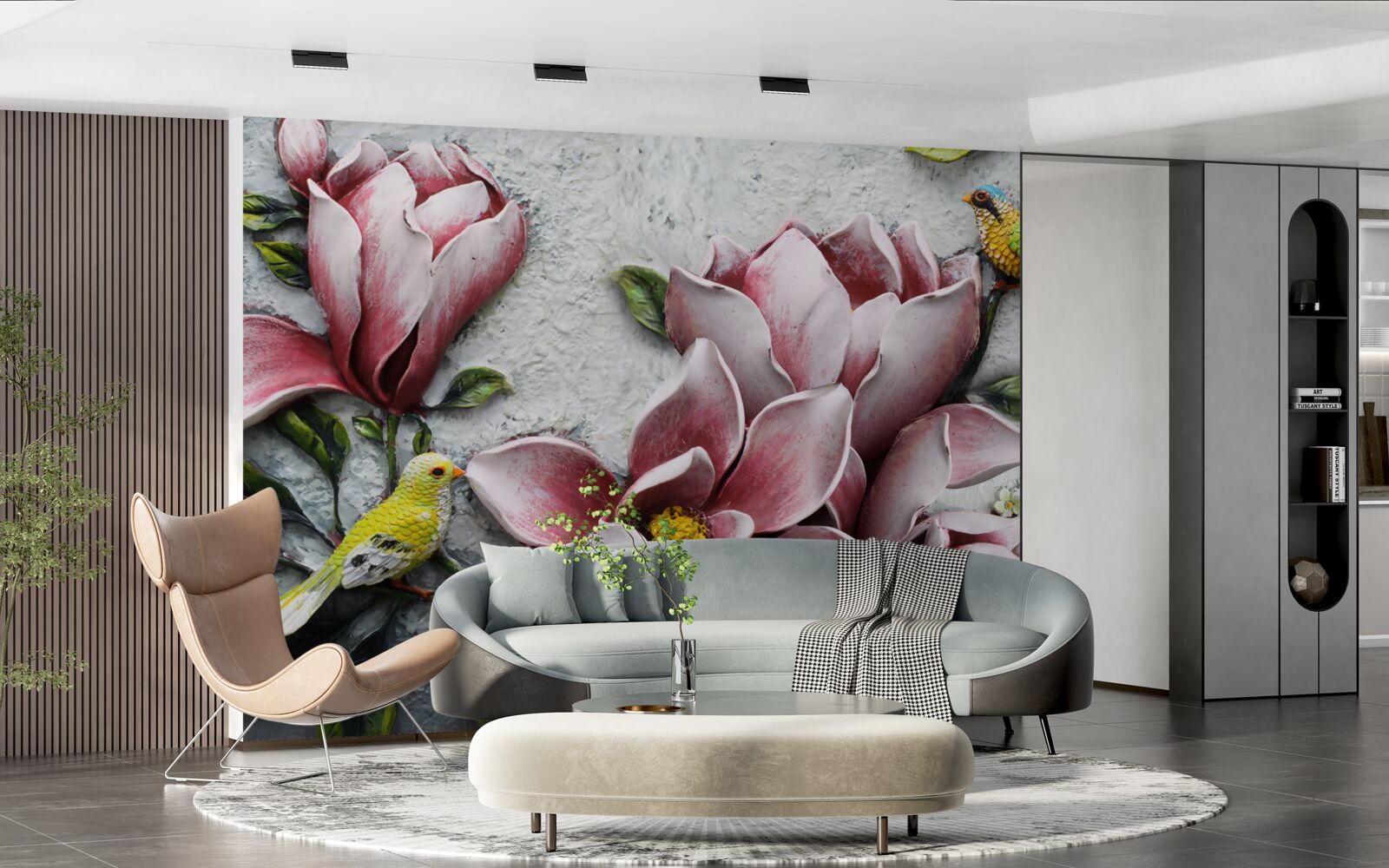 Papier peint le lotus est rouge et blanc et les oiseaux sont jaune vif