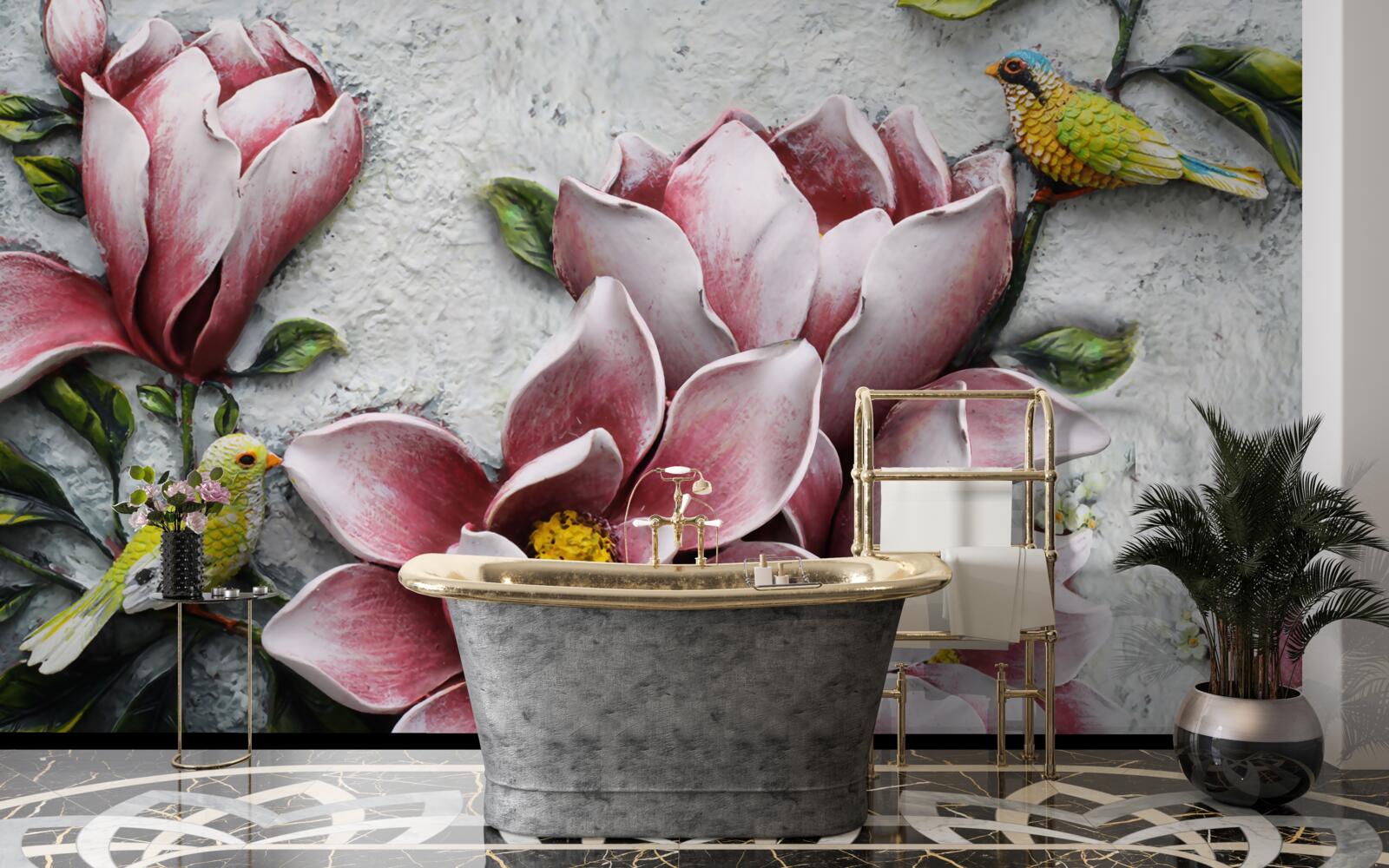 Papier peint le lotus est rouge et blanc et les oiseaux sont jaune vif