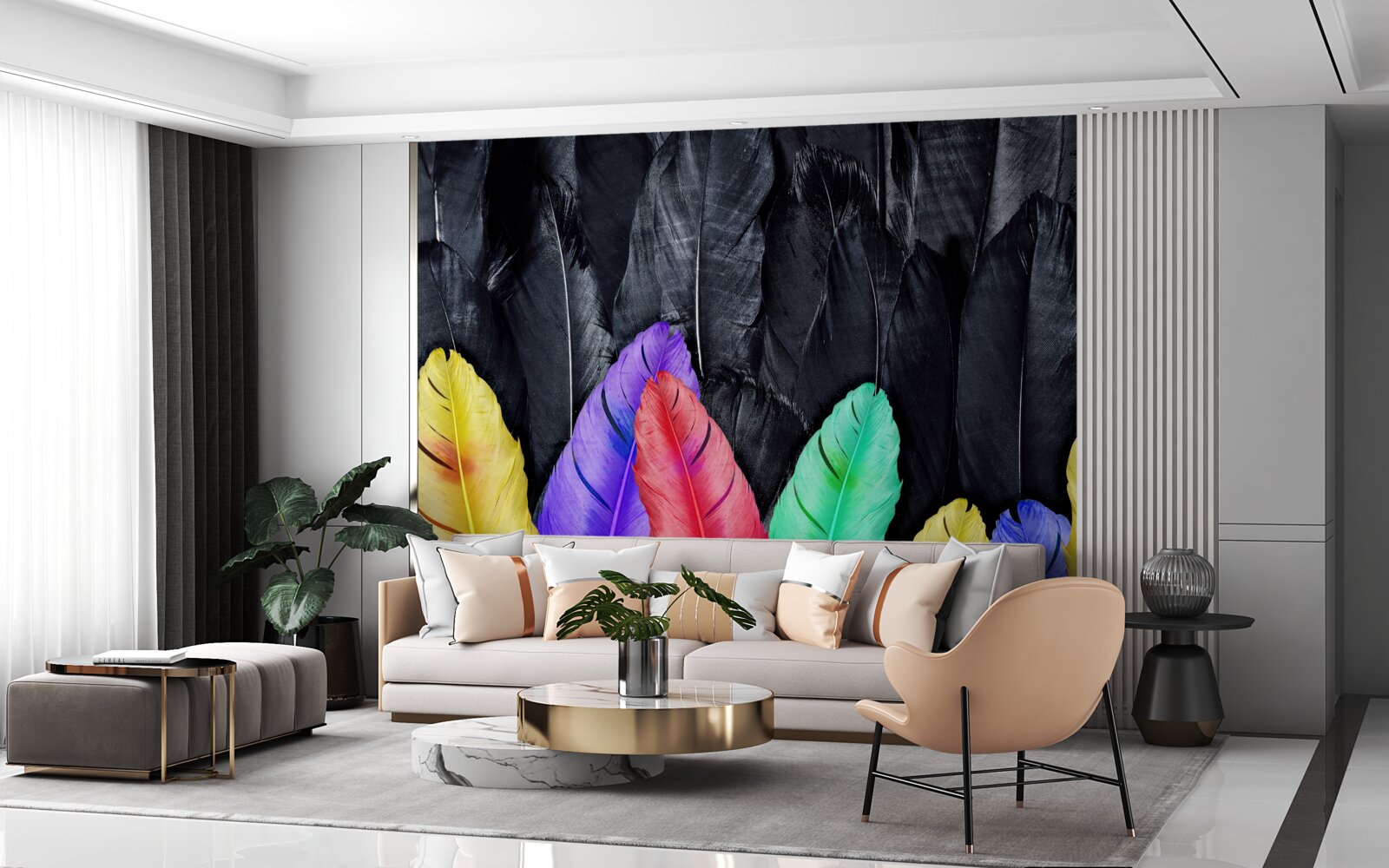 Papier peint plumes de différentes teintes et noires