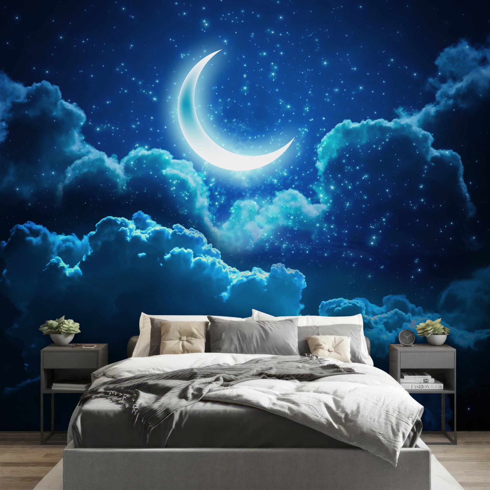 Papier peint la lune magique vole au-dessus des nuages du soir