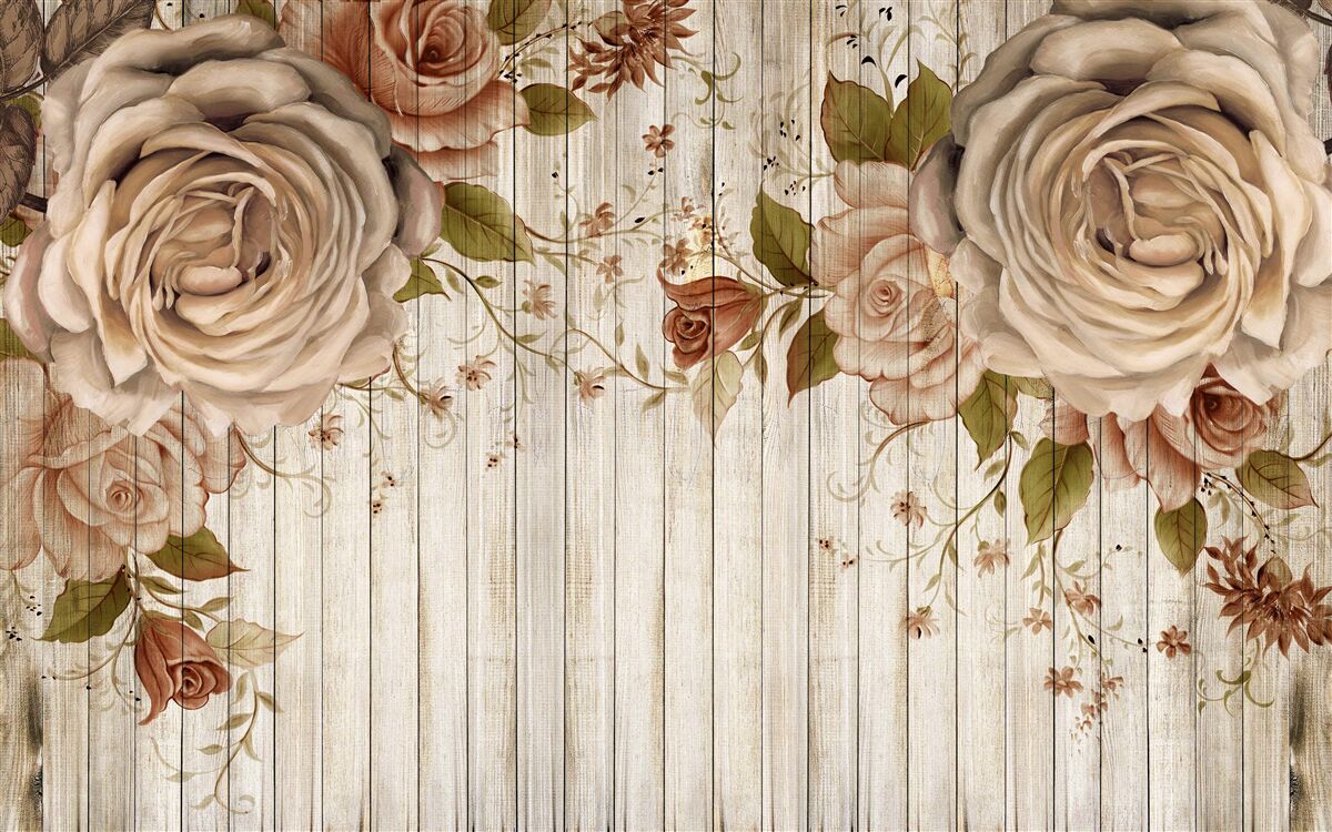 Papier peint Roses fraîches dans des tons crème délicats sur un parquet clair