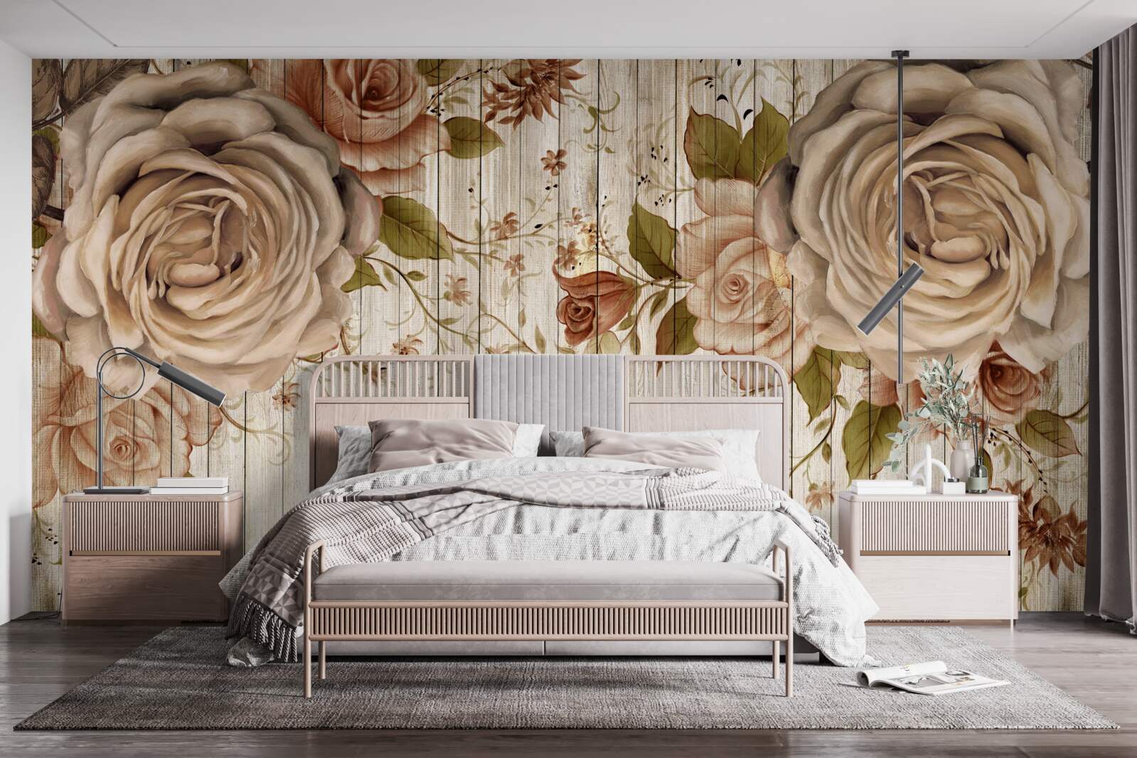 Papier peint Roses fraîches dans des tons crème délicats sur un parquet clair