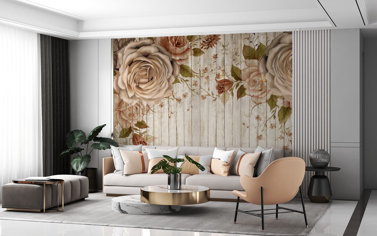 Papier peint Roses fraîches dans des tons crème délicats sur un parquet clair