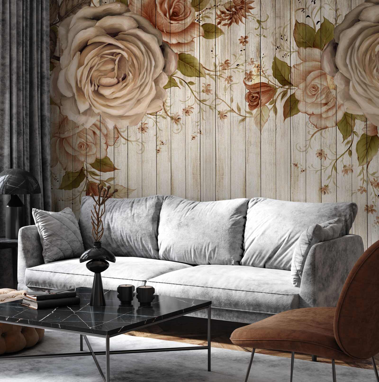 Papier peint Roses fraîches dans des tons crème délicats sur un parquet clair