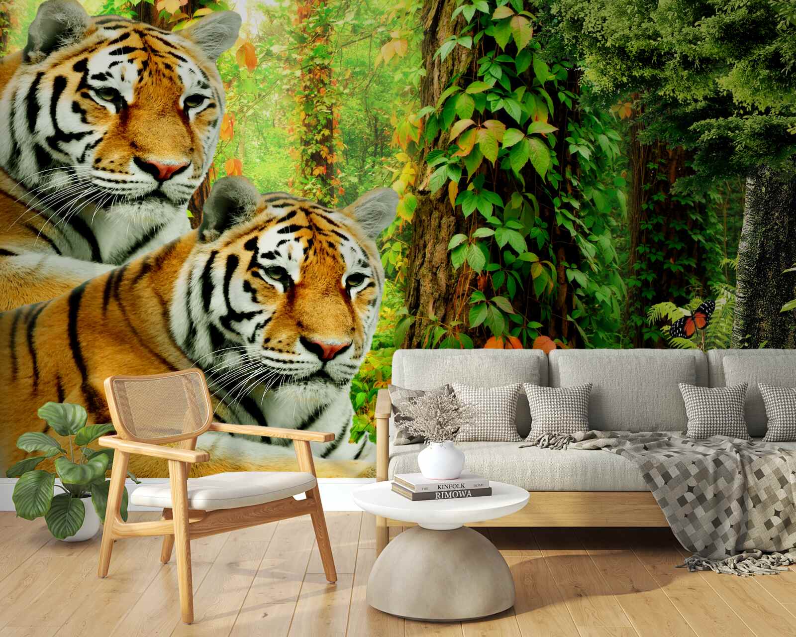 Papier peint une famille de tigres dans une forêt verdoyante