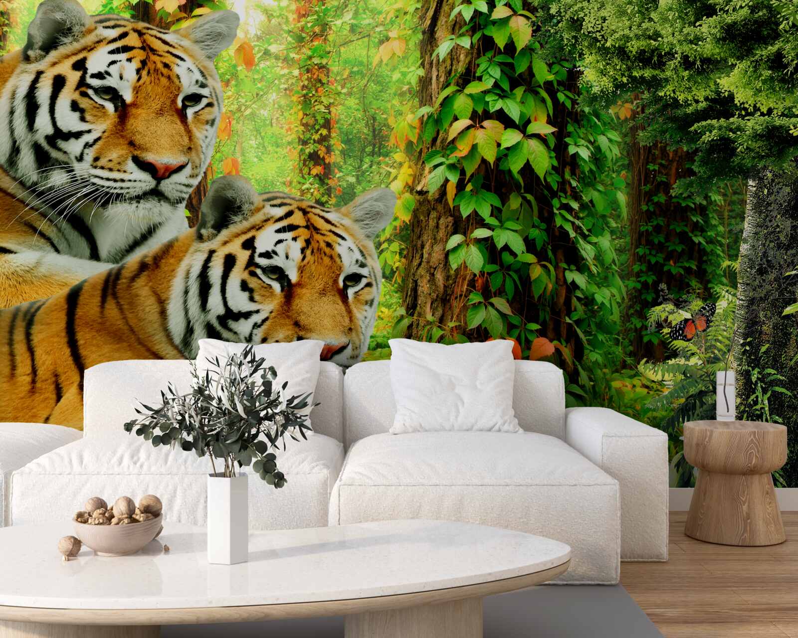 Papier peint une famille de tigres dans une forêt verdoyante