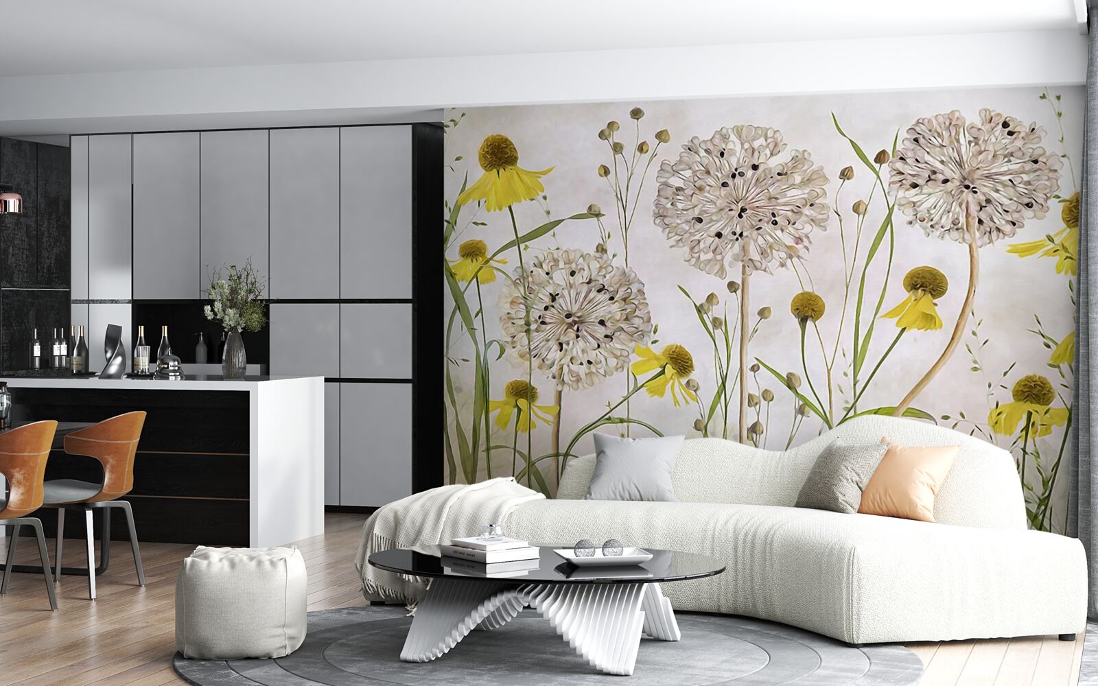 Papier peint fleurs de pissenlit dans la prairie et flore jaune