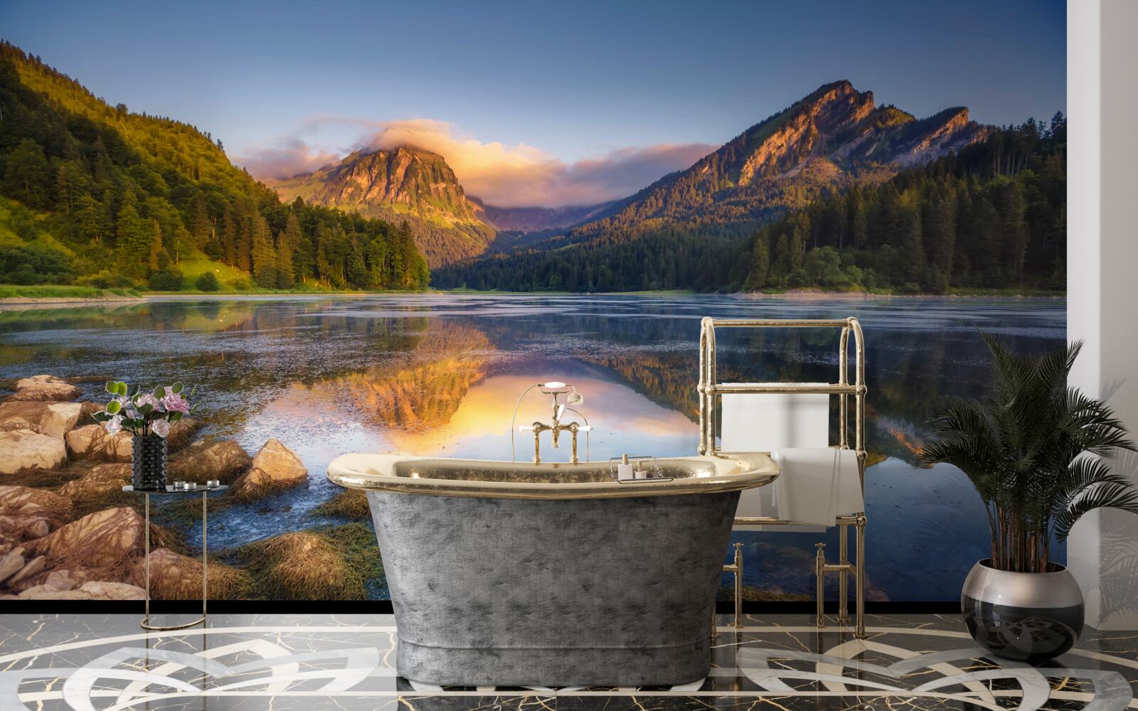 Papier peint coucher de soleil sur un lac de montagne calme