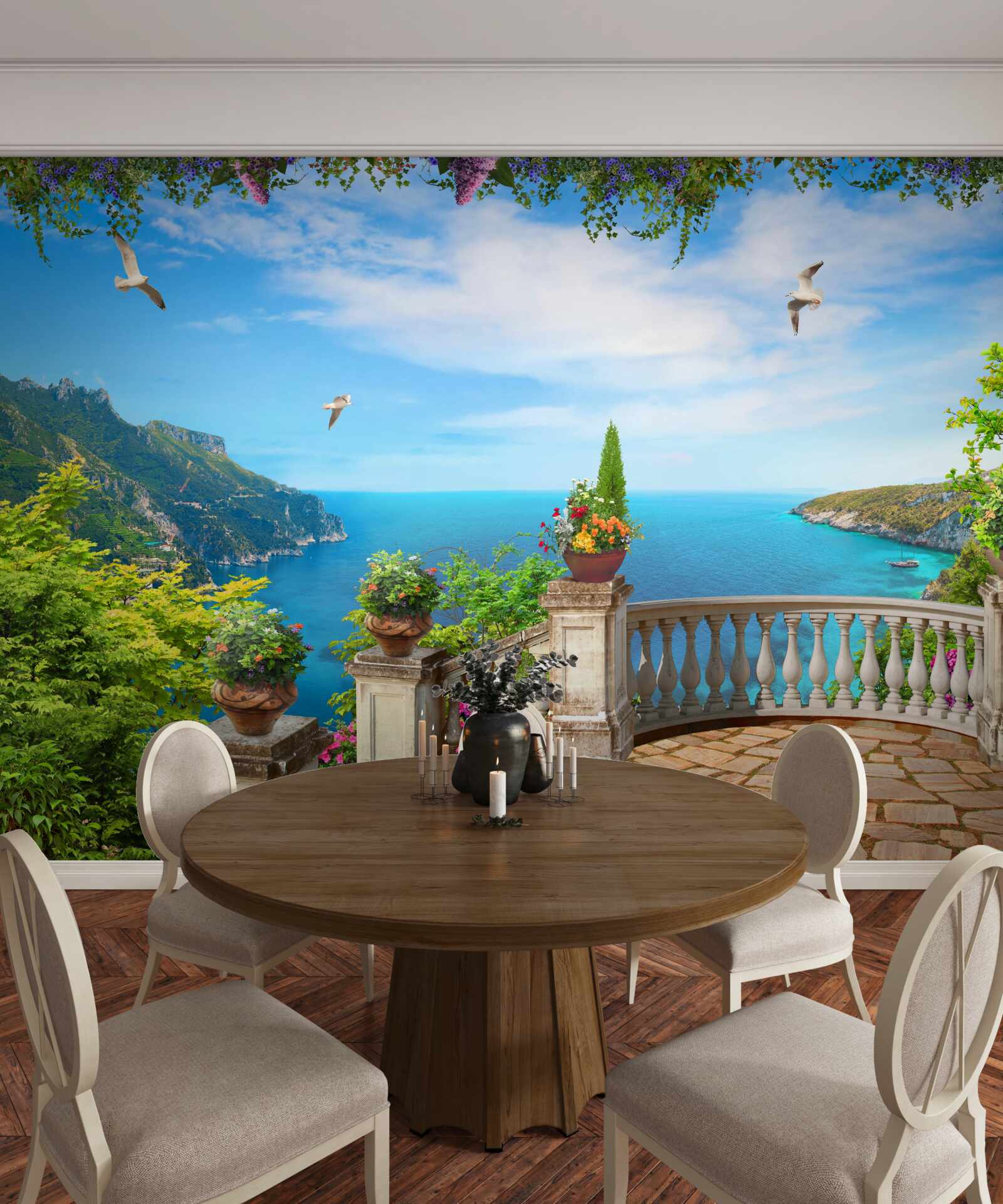 Papier peint balcon confortable avec vue sur les profondeurs de la mer et les sommets des montagnes