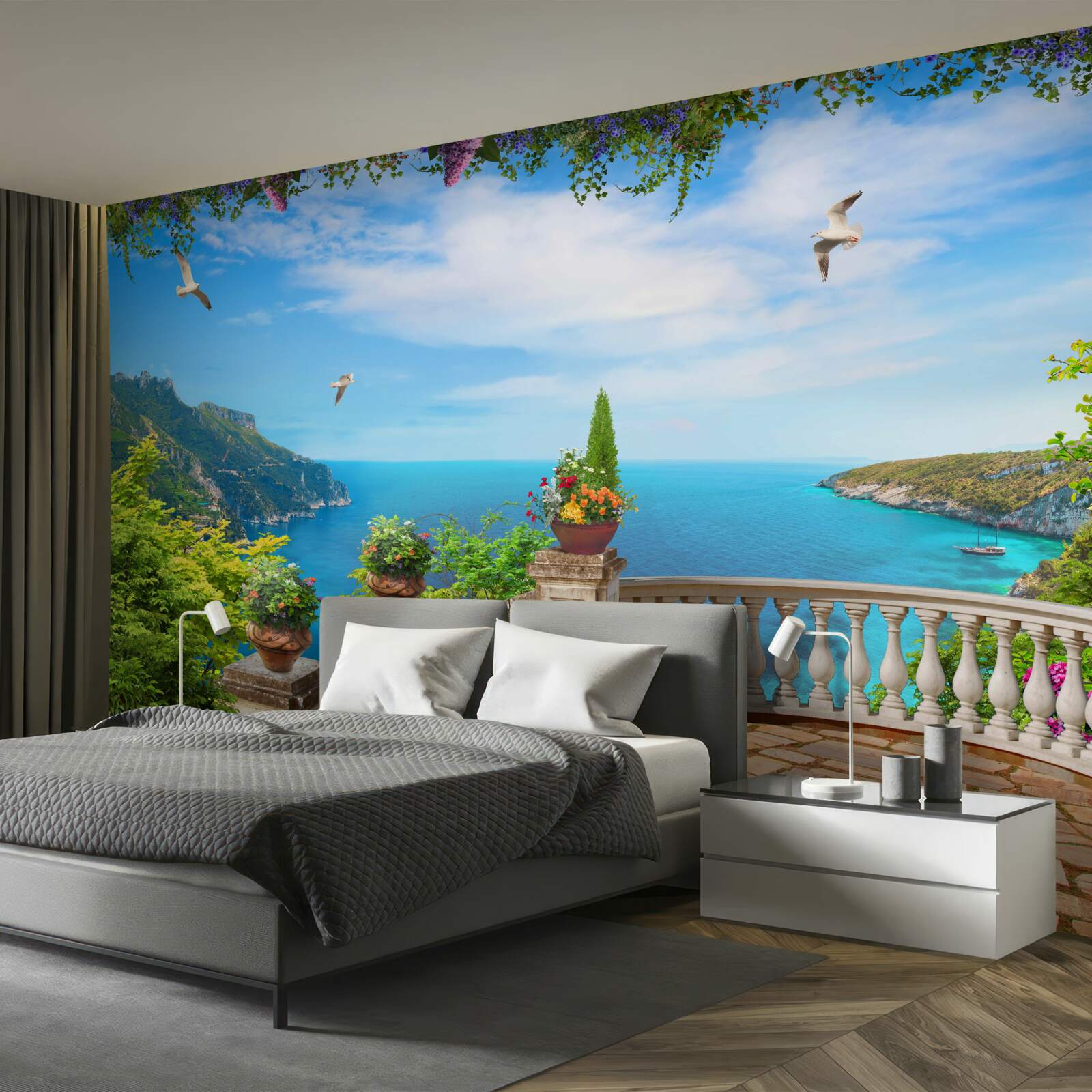Papier peint balcon confortable avec vue sur les profondeurs de la mer et les sommets des montagnes