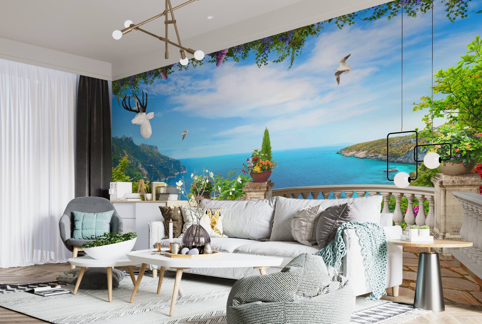 Papier peint balcon confortable avec vue sur les profondeurs de la mer et les sommets des montagnes