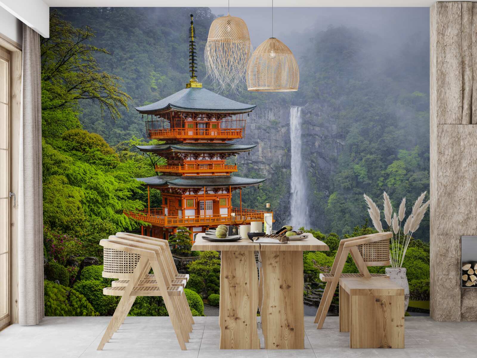Papier peint Pagode japonaise près d'une cascade