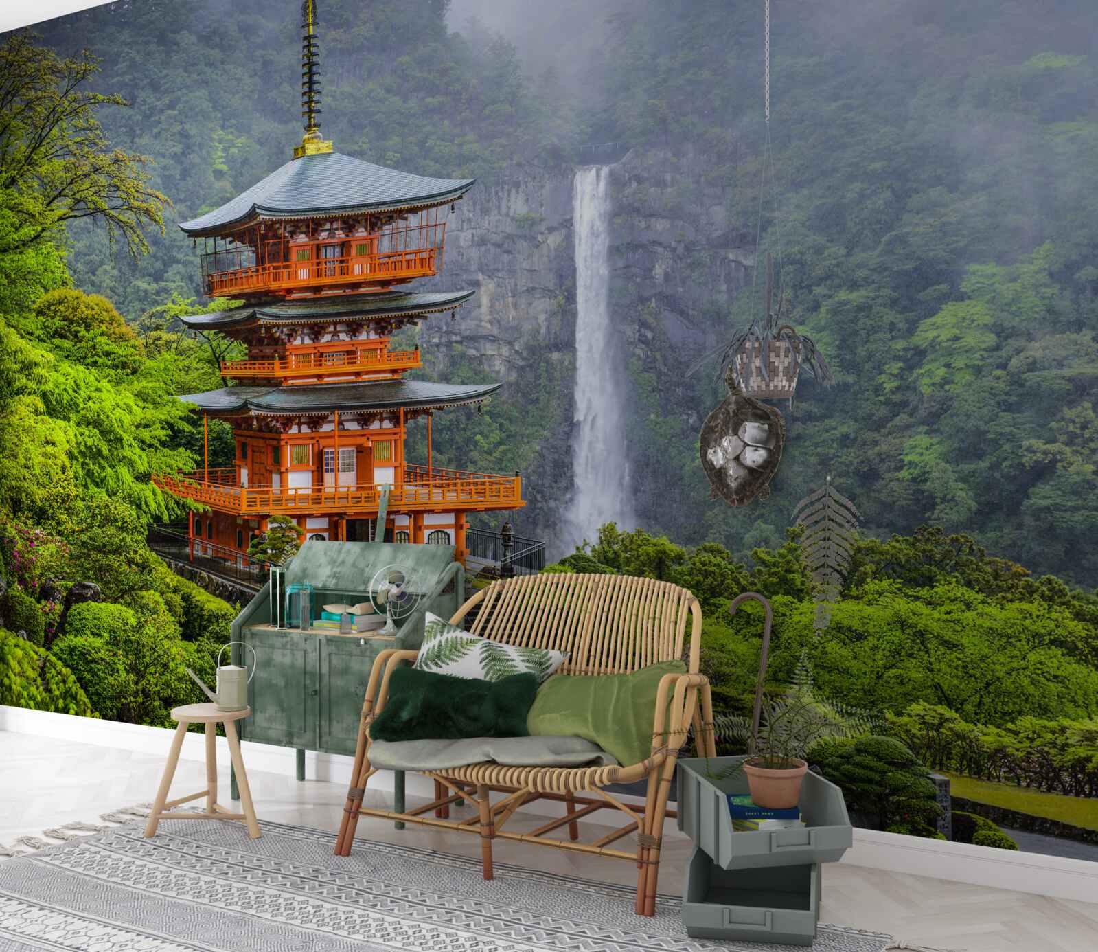 Papier peint Pagode japonaise près d'une cascade