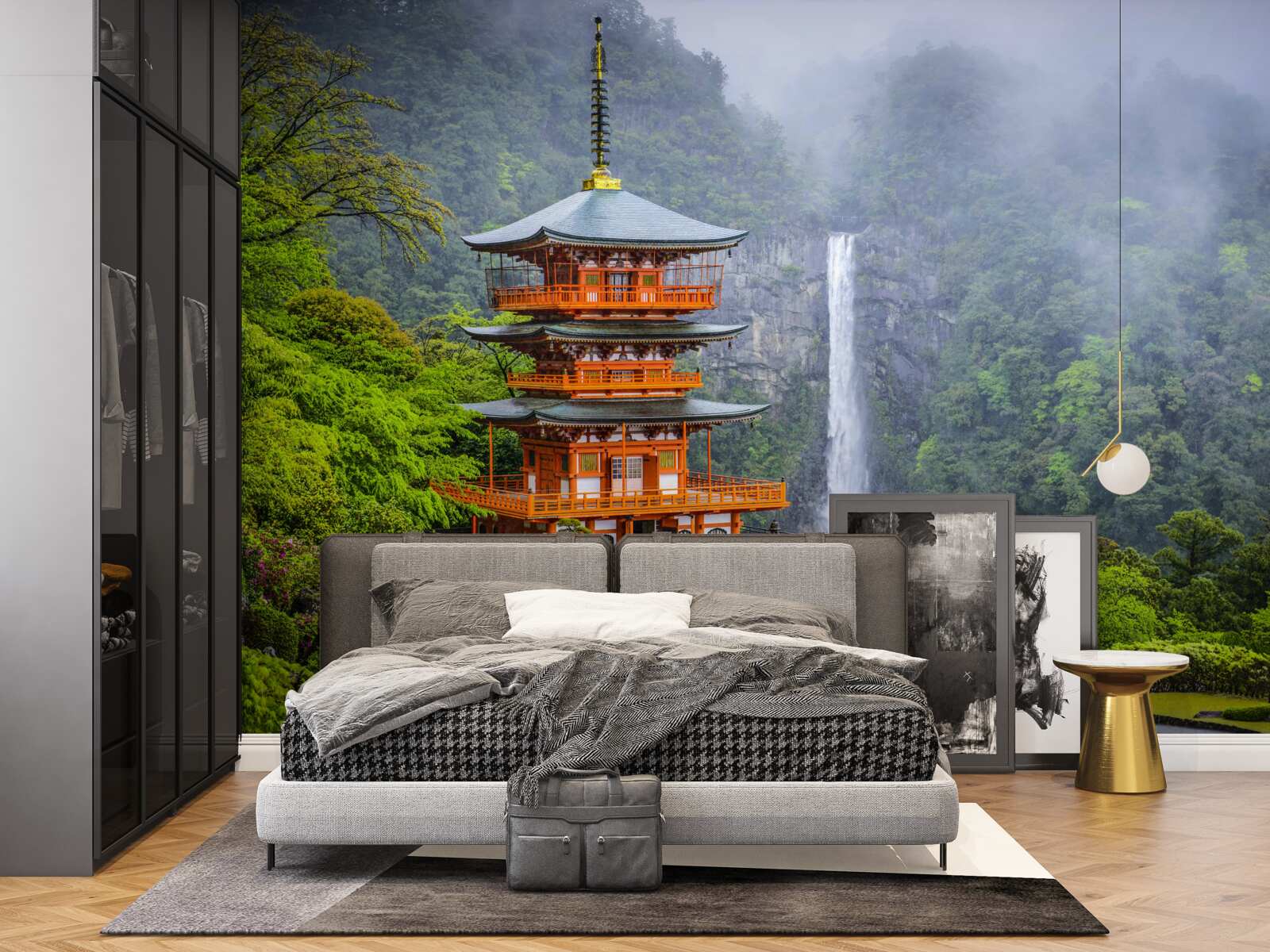 Papier peint Pagode japonaise près d'une cascade