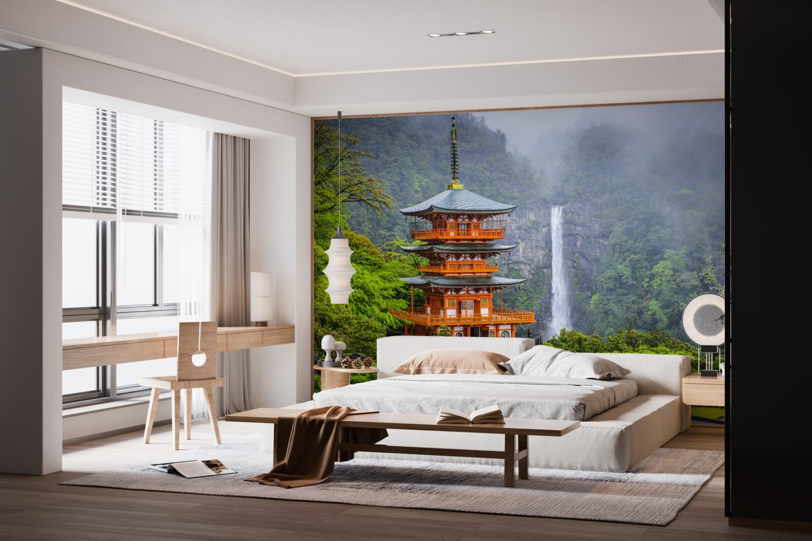 Papier peint Pagode japonaise près d'une cascade