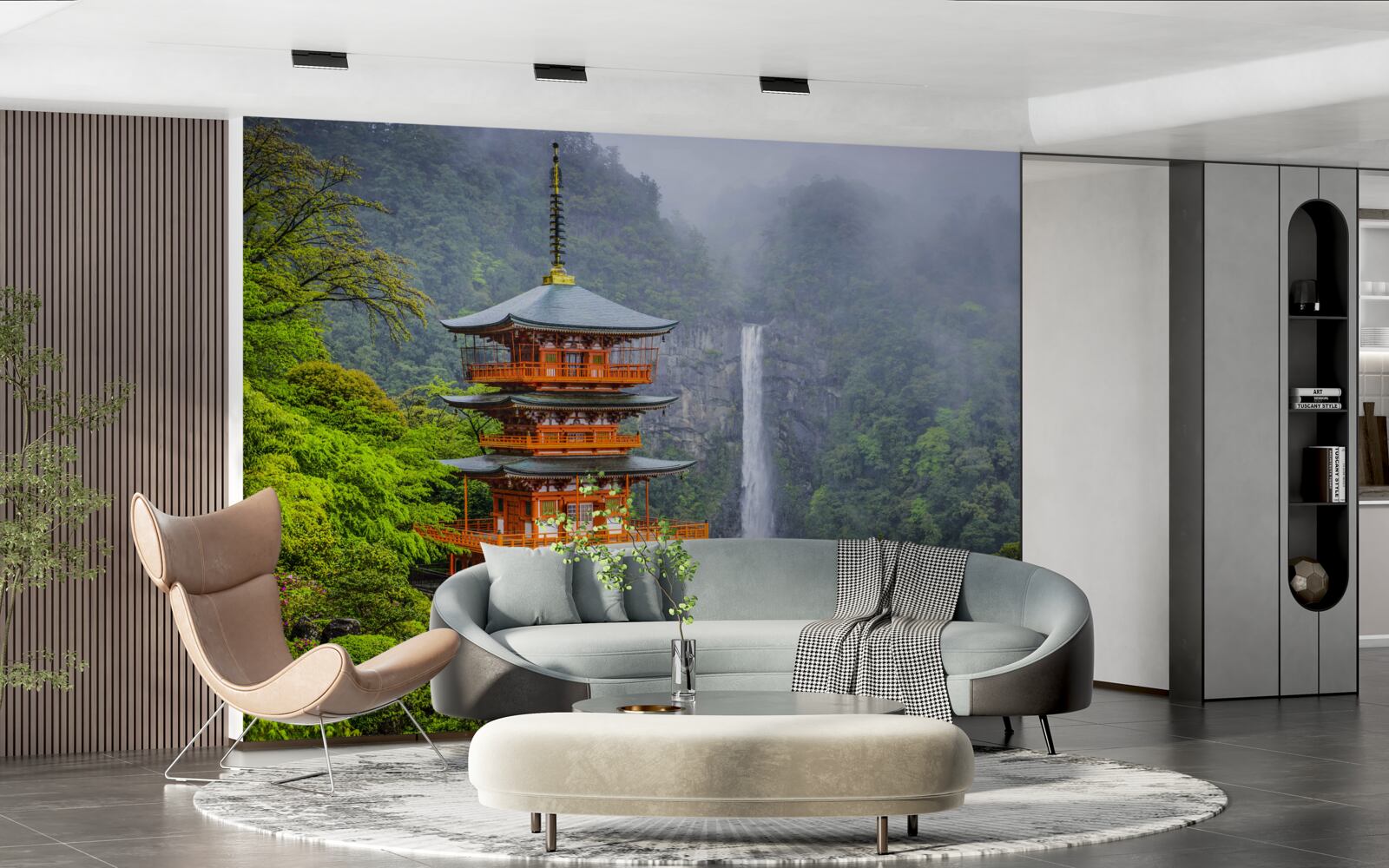 Papier peint Pagode japonaise près d'une cascade