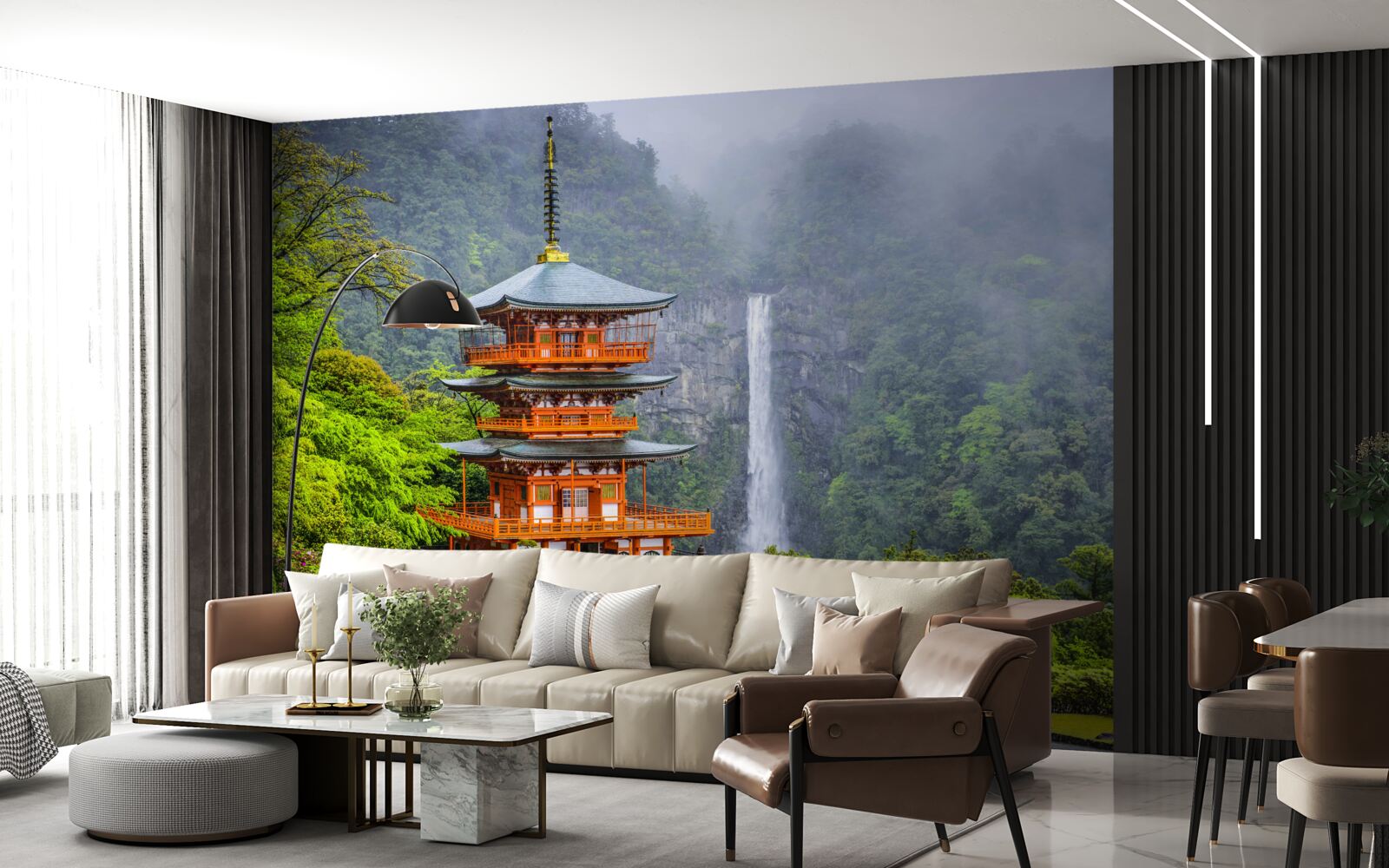 Papier peint Pagode japonaise près d'une cascade