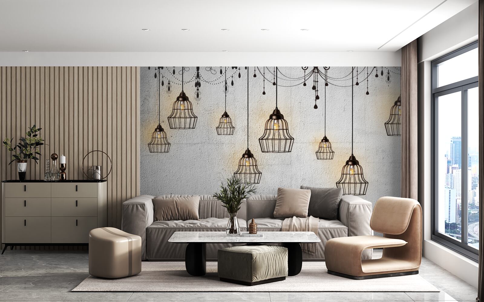 Papier peint lampes anciennes sur fond gris
