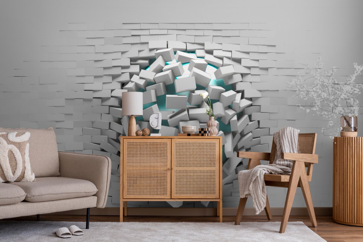 Papier peint trou colossal dans un mur de briques