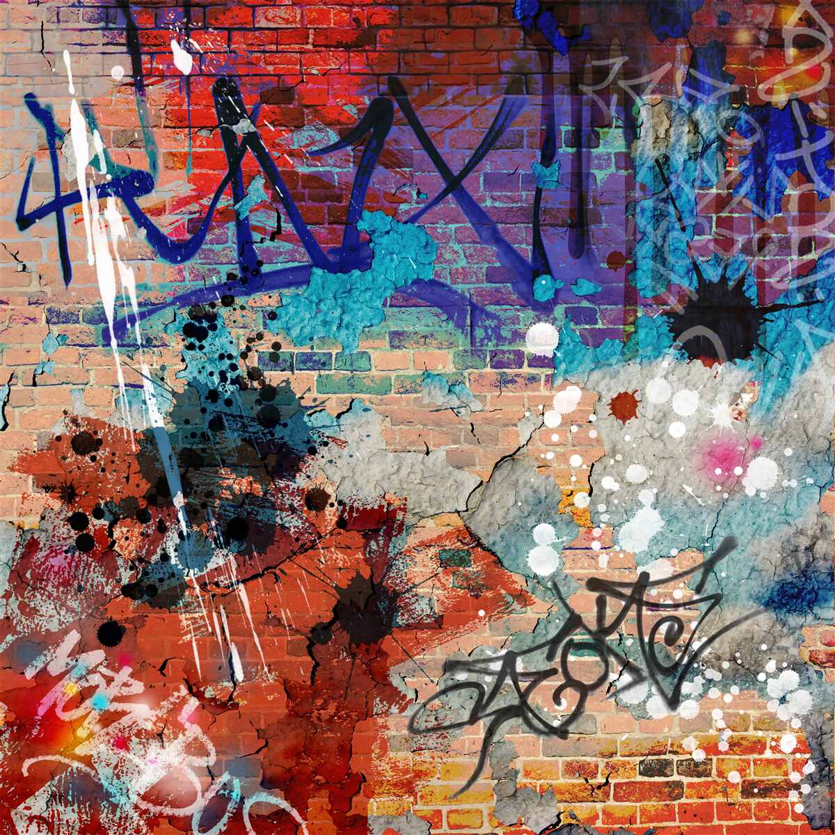 Papier peint graffiti multicolore sur un mur de briques rouges