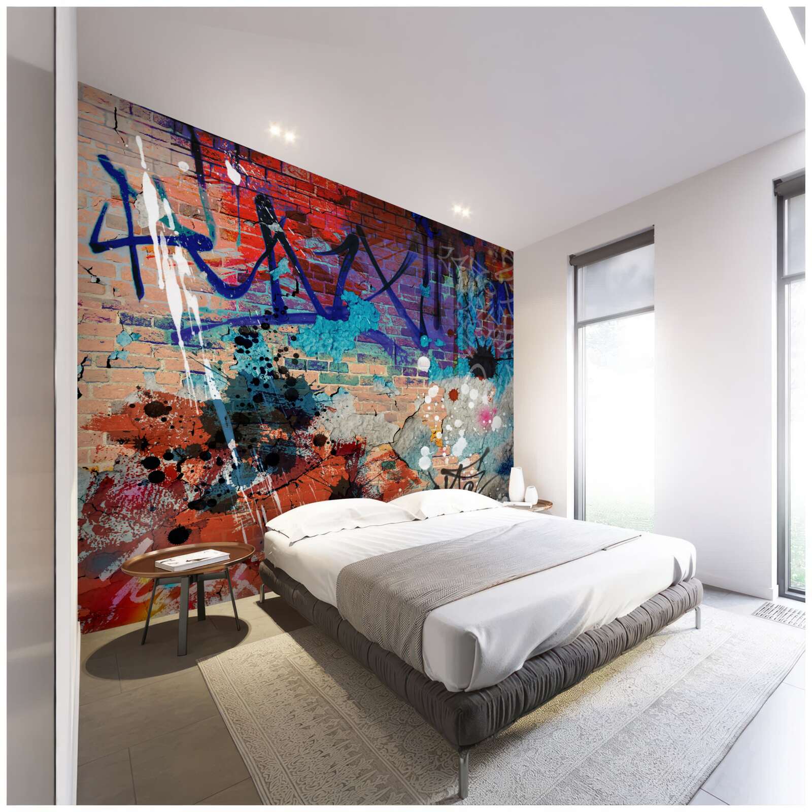 Papier peint graffiti multicolore sur un mur de briques rouges