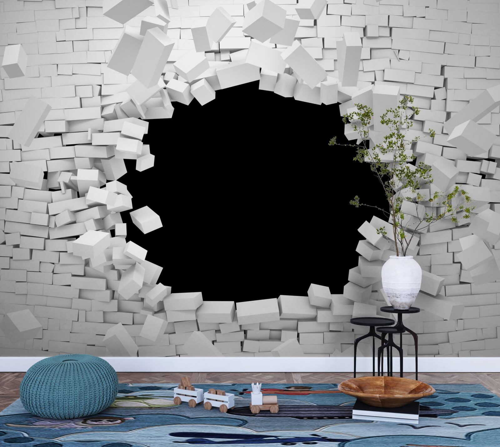 Papier peint trou sombre dans un mur de briques claires