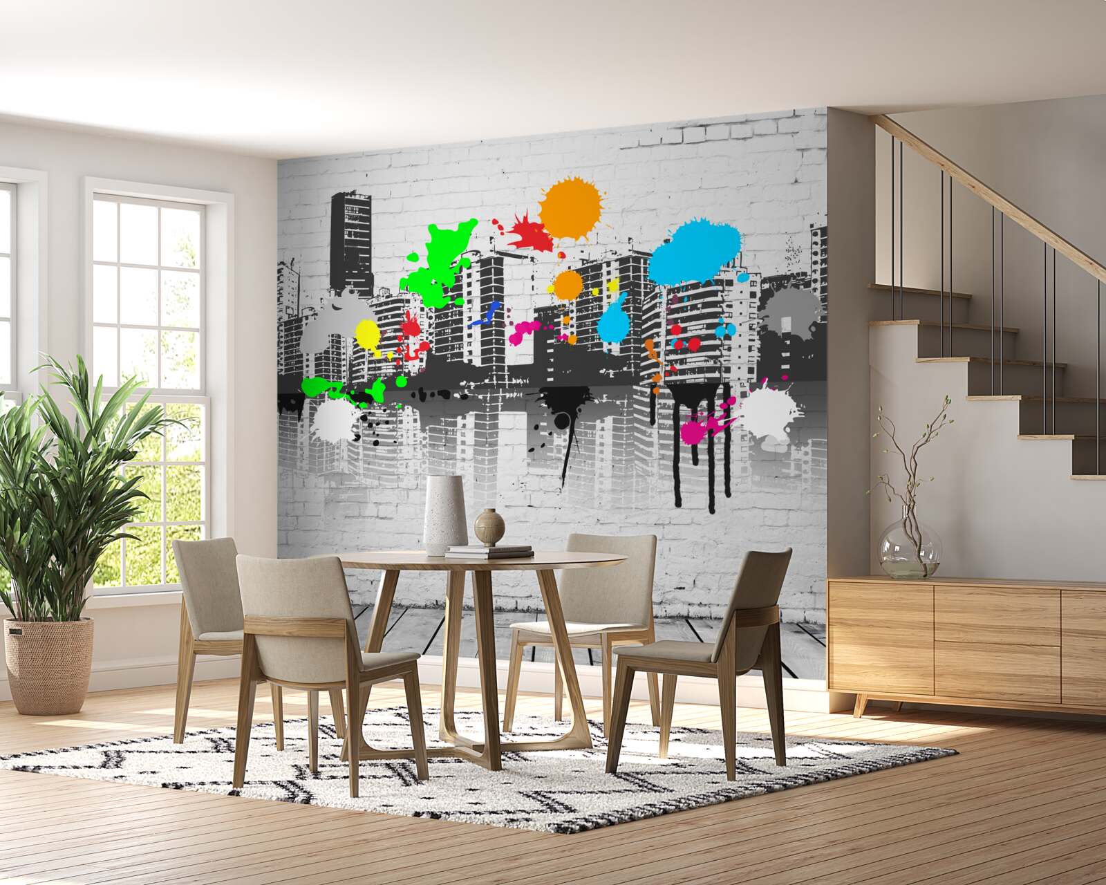 Papier peint des maisons décorées de graffitis lumineux