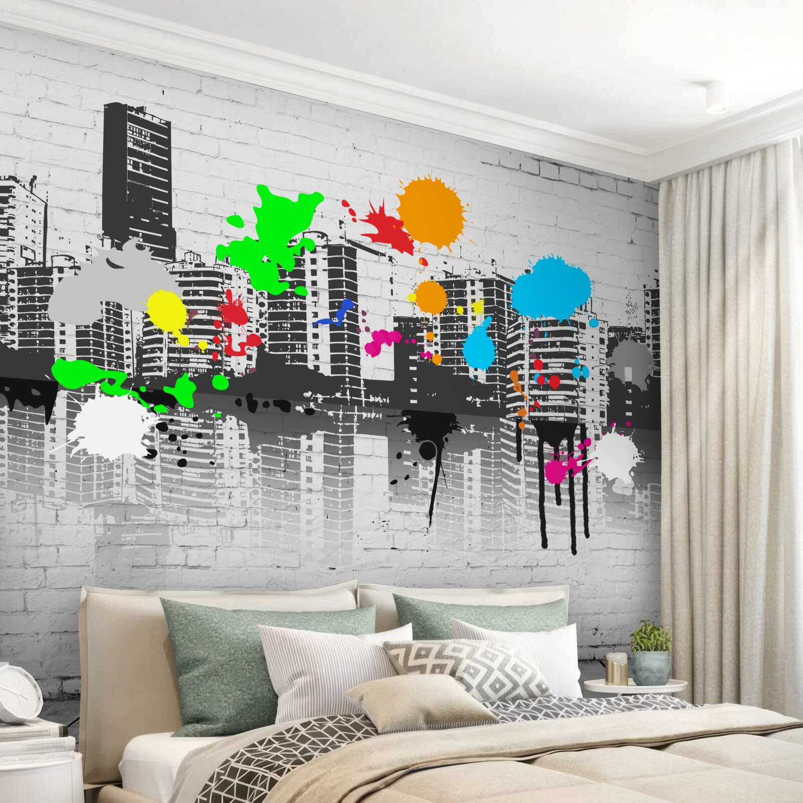 Papier peint des maisons décorées de graffitis lumineux