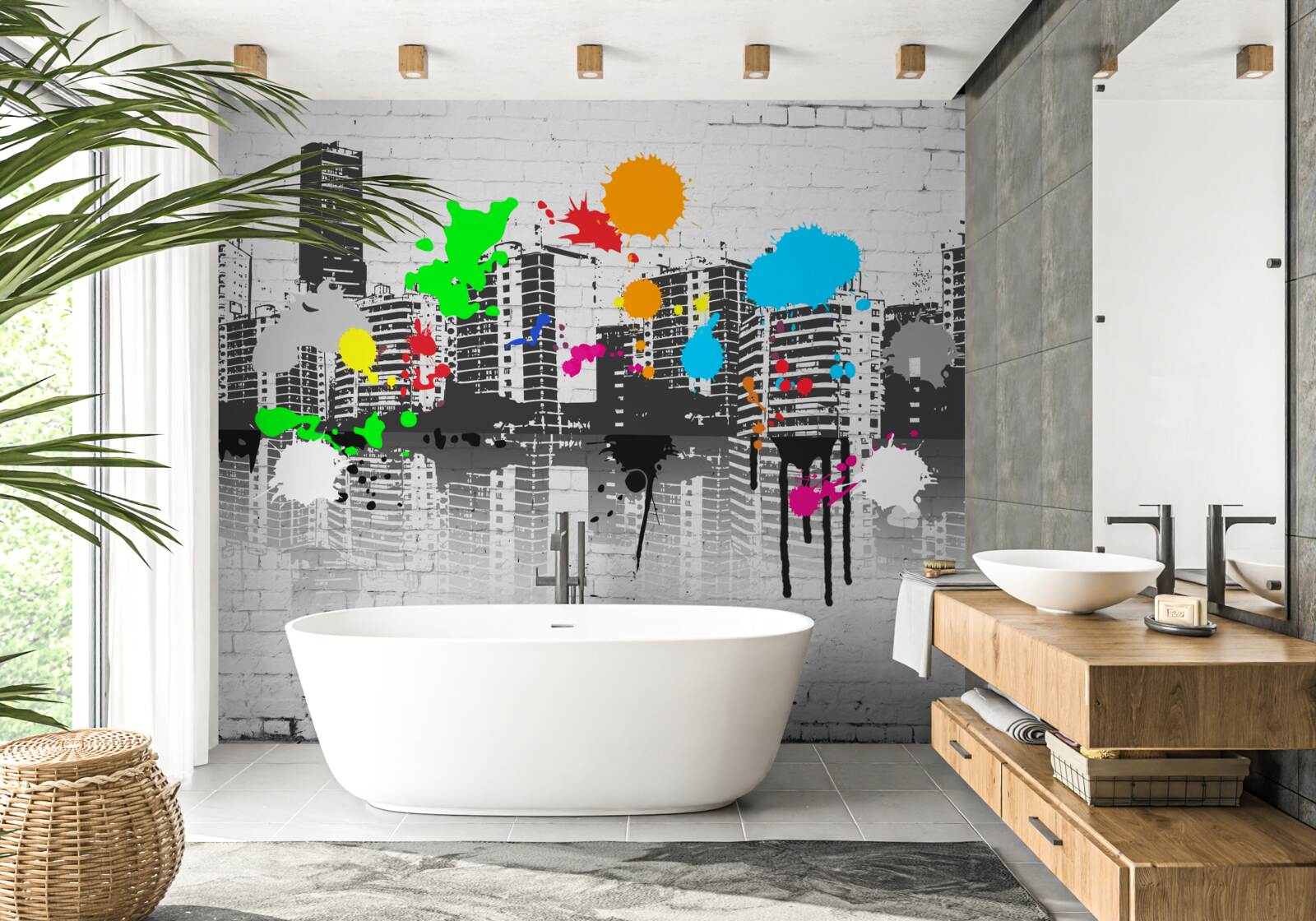 Papier peint des maisons décorées de graffitis lumineux