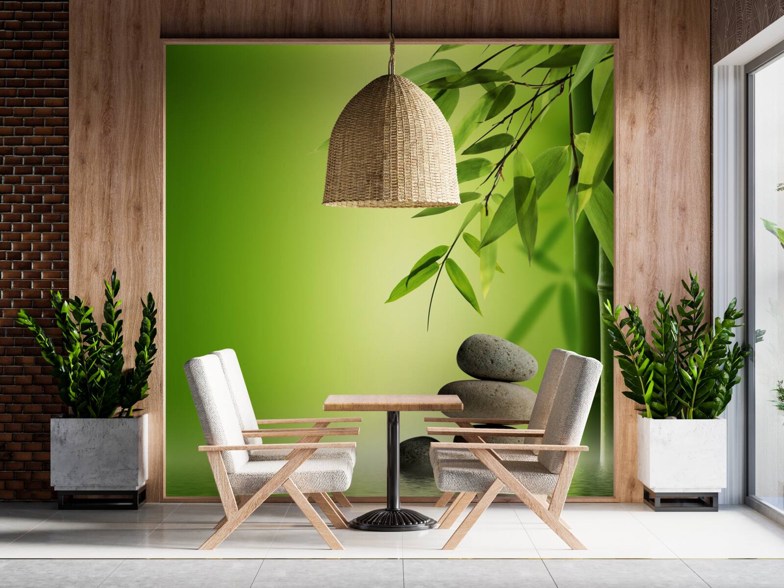 Papier peint bambou vert et pierres thermales