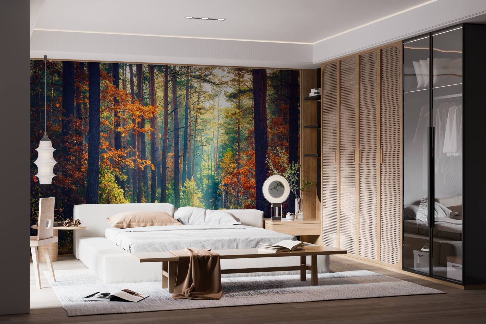 Papier peint Un rayon de soleil dans une forêt d'automne