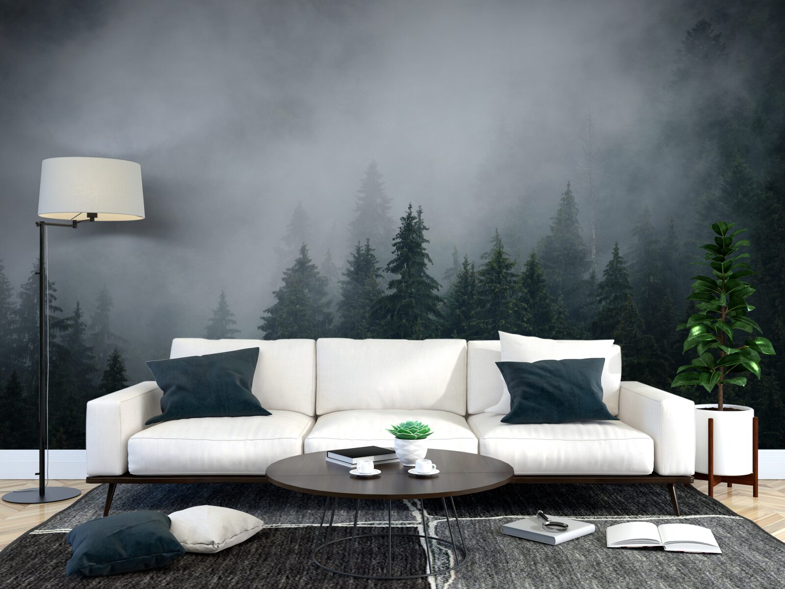 Papier peint la brume s'abat sur un bosquet d'épicéas