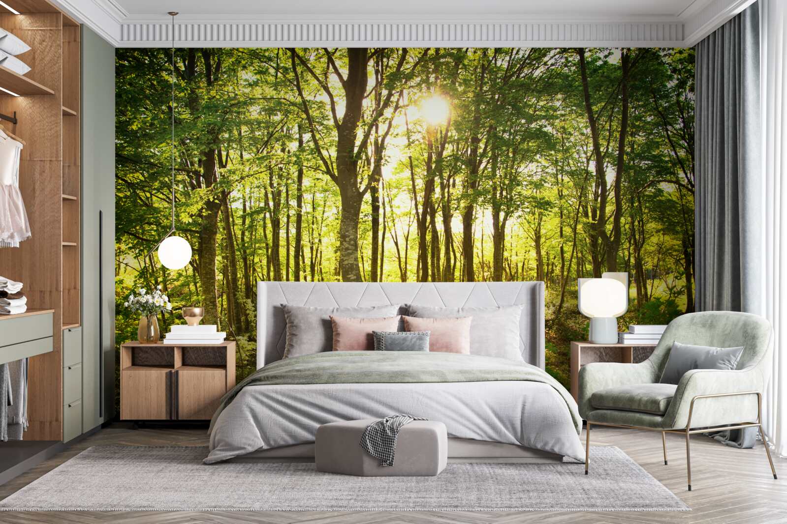Papier peint la lumière du soleil illumine la tremblaie
