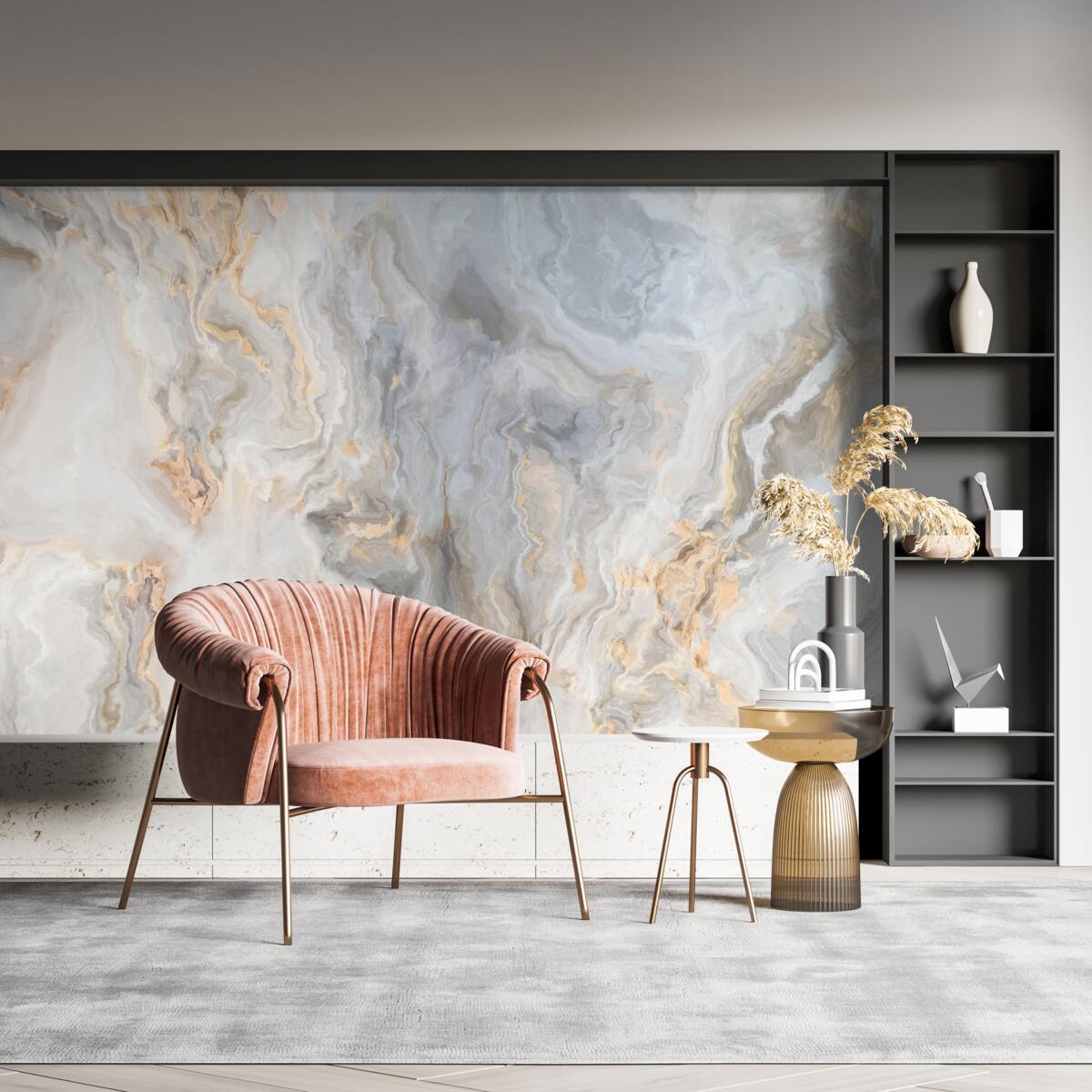 Papier peint fond gris, décoré de tons dorés